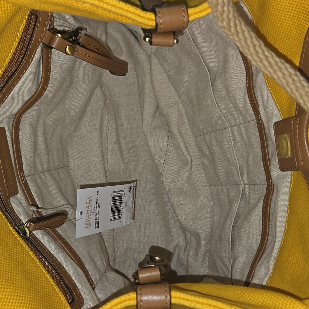 Michael Kors Yellow Fabric Shoulder Hobo Bag with Tan Leather Trim - NEW - Picture 7 of 9